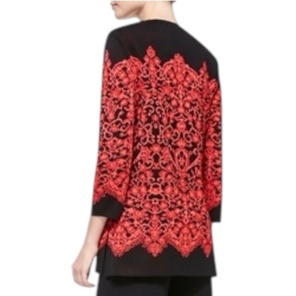 MISOOK Lace Print Long Jacket Cardigan Sweater Red‎ Black Size S Button Work - Picture 2 of 9